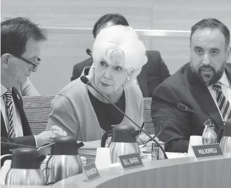  ?? NICK BRANCACCIO ?? Windsor city councillor­s Paul Borrelli, left, Jo-Anne Gignac and Rino Bortolin prepare for the inaugural city council meeting in Windsor’s new City Hall on Monday. Bortolin was criticized for what Mayor Drew Dilkens called a “sorry, not sorry”...