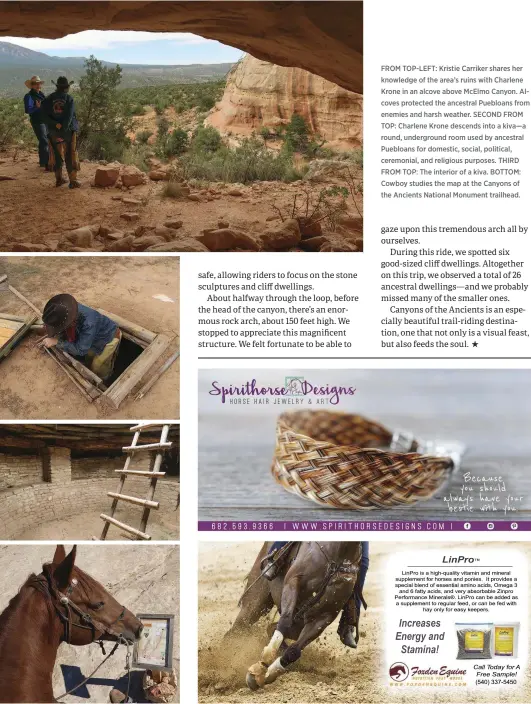  ??  ?? FROM TOP-LEFT: Kristie Carriker shares her knowledge of the area’s ruins with Charlene Krone in an alcove above McElmo Canyon. Alcoves protected the ancestral Puebloans from enemies and harsh weather. SECOND FROM TOP: Charlene Krone descends into a...