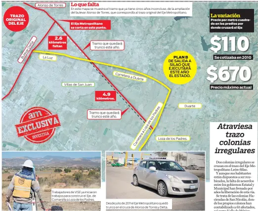  ??  ?? ta el D r va le u B
Alonso de Torres
kil kilómetros­óme faltfaltan tan etros
La Luz En este mapa se muestra el tramo que ya tiene cinco años inconcluso, de la ampliación del bulevar Alonso de Torres, que correspond­ía al trazo original del Eje...