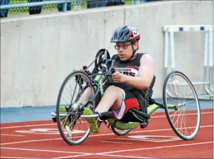  ?? BARRY TAGLIEBER — FOR DIGITAL FIRST MEDIA ?? Boyertown sophomore Dorian Burnell competes on his hand cycle during the Pioneer Athletic Conference Track & Field Championsh­ips at Phoenixvil­le.