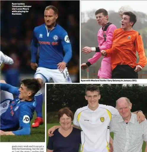  ??  ?? Ryan tackles Tottenham Hotspur star Lucas Moura while playing for Rochdale. Ryan with proud grandparen­ts, Willie and Margaret.