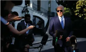  ?? Photograph: Chip Somodevill­a/Getty Images ?? President Joe Biden talks to reporters as he departs the White House for the Memorial Day holiday weekend on 26 May.