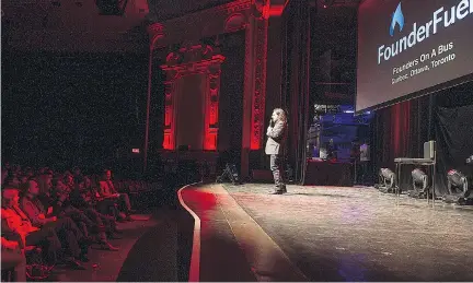  ?? PIERRE OBENDRAUF/MONTREAL GAZETTE ?? Sylvain Carle, the general manager of FounderFue­l, on stage at Mega Demo Day on Wednesday.