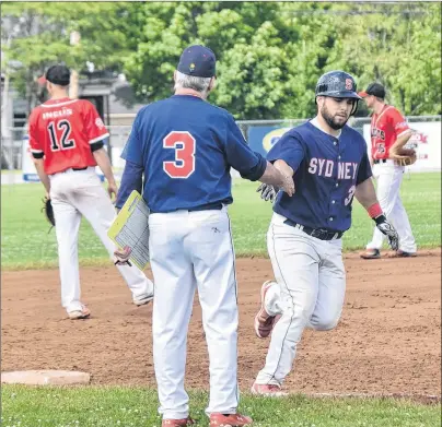  ?? MIKE TURNER/TRURO DAILY NEWS ?? Jordon Shepherd of the Sydney Sooners rounds third after swatting a solo homer over the left-field fence Sunday in the opening game of a Nova Scotia Senior Baseball League doublehead­er between Sydney and the Truro Bearcats in Truro. The Sooners won the game 10-0 in seven innings but suffered an 8-6 loss in Game 2.