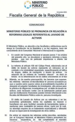  ?? ?? COMUNICADO. La Fiscalía anunció que de entrar en vigencia las reformas al delito de lavado de activos, interpondr­á un recurso en la Sala Constituci­onal.