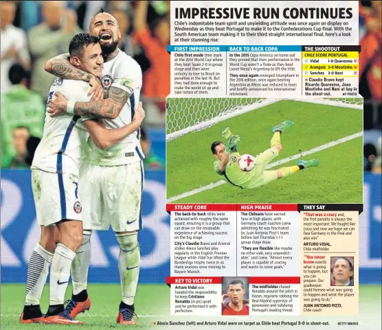  ??  ?? Claudio Bravo kept Ricardo Quaresma, Joao Moutinho and Nani at bay in the shootout. Alexis Sanchez (left) and Arturo Vidal were on target as Chile beat Portugal 30 in shootout.