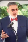  ?? Ned Gerard / Hearst Connecticu­t Media ?? John Petillo, President of Sacred Heart University, speaks during a news conference on the University of Bridgeport campus June 30.