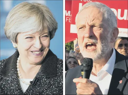  ??  ?? We think there is a choice at the election ... between stable and strong leadership and a coalition of chaos. Theresa May. Don’t talk about a ladder of opportunit­y for a few, let’s have a staircase for all children. Jeremy Corbyn.