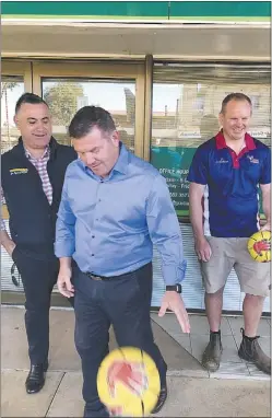  ??  ?? Deputy Premier John Barilaro, Member for Dubbo Dugald Saunders, and Dubbo Basketball President Hale Gordon at yesterday’s announceme­nt that “the future of the Dubbo Sport and Wellness Hub is secure”. PHOTO: DUBBO PHOTO NEWS