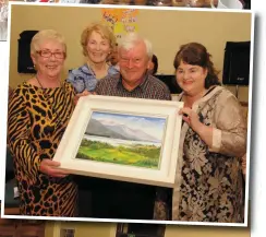  ??  ?? RIGHT: Mary O’Connor, Claire Fleming and Siobhan McSweeney present a painting by artist Phil O’Grady to former Kilcummin Parish priest Fr Eamonn Mulvihill at his farewell function in Kilcummin Hall on Wednesday night.