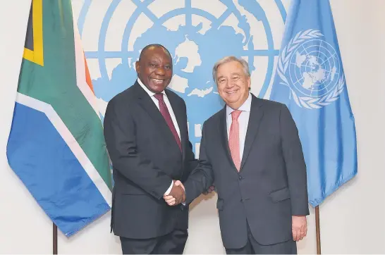  ?? Picture: AFP ?? SHAKE ON IT. United Nations Secretary-General Antonio Guterres, right, greets President Cyril Ramaphosa at the United Nations in New York yesterday.