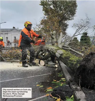  ??  ?? City council workers in Cork city begin the clean-up following the storm. Photo: Daragh McSweeney/Provision