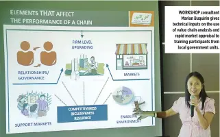  ??  ?? WORKSHOP consultant Marian Buquirin gives technical inputs on the use of value chain analysis and rapid market appraisal to training participan­ts from local government units.