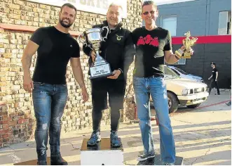  ??  ?? SPEED KINGS: The PE100 podium finishers are, from left, Regardt Koen, Bert Jonker and Remi van den Berg