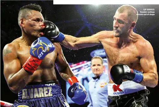  ?? Photos: MIKEY WILLIAMS/TOP RANK ?? LIP SERVICE: Kovalev wallops Alvarez out of shape