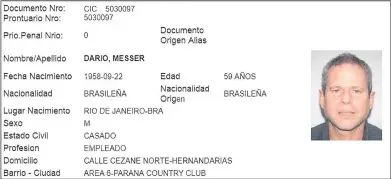  ??  ?? Ficha paraguaya de Darío Messer, quien desde ayer soporta orden de captura en 192 países del mundo.