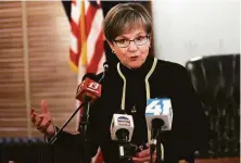  ?? John Hanna / Associated Press ?? Gov. Laura Kelly vetoed a GOP plan that would make it harder for the lone state Democrat in Congress to win re-election.