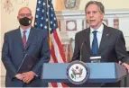  ?? ANDREW CABALLERO-REYNOLDS/POOL VIA AP ?? Secretary of State Antony Blinken speaks while announcing that Jonathan Moore, back, is the new coordinato­r for its investigat­ion into cases of Havana Syndrome.