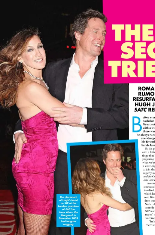  ??  ?? The placement of Hugh’s hand on SJP at the London premiere of Did You Hear About the Morgans? in December 2009 had tongues wagging.