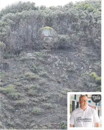  ?? ?? A camper perches his tent on the edge of Magic Mountain and (inset) Luke Henderson. Main picture: Glenn Hampson