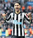  ??  ?? Signalling success: Ayoze Perez celebrates after putting Newcastle 2-0 ahead