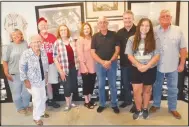  ?? (NWA Democrat-Gazette/Susan Holland) ?? Gravette Historical Museum Commission members Patti Bertschy, Louise Evans, Al Blair and Janice Deaton, museum curator Beth Johnson and museum commission treasurer Bob Kelley pose with Darrell Kindley of Missouri City, Texas, and Alexi McKay and Russell Kindley of Inola, Okla., on Sept. 1 during their visit to the historic Kindley home and museum annex.