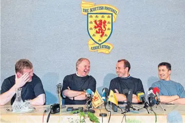  ??  ?? Craig Brown, second left, shares a joke with Andy Goram, Gary McAllister and John Collins during a press conference in the build-up to the England clash in 1996.