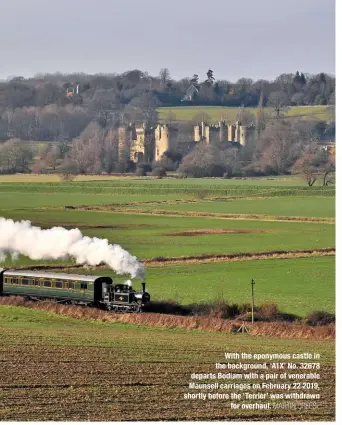  ?? MARTIN CREESE ?? With the eponymous castle in the background, ‘A1X’ No. 32678 departs Bodiam with a pair of venerable Maunsell carriages on February 22 2019, shortly before the ‘Terrier’ was withdrawn for overhaul.