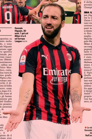  ??  ?? Gonzalo Higuain, 30 anni, 7 gol col Milan tra A ed Europa League KULTA