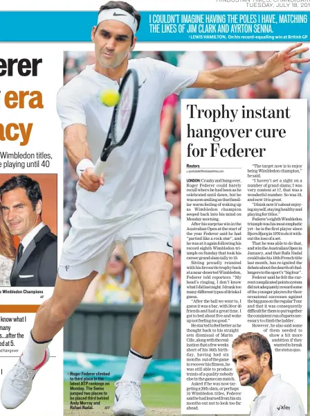  ??  ?? Roger Federer climbed to third place in the latest ATP rankings on Monday. The Swiss jumped two places to be placed third behind Andy Murray and Rafael Nadal. AFP