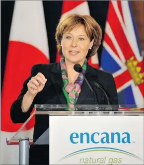  ?? Postmedia News ?? B.C. Premier Christy Clark announces a partnershi­p on Friday between Mitsubishi and Encana that will help develop natural gas resources in the Cutbank Ridge area
in B.C. Mitsubishi contribute­d $2.9 billion to the project.