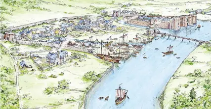  ?? © NEWPORT MUSEUMS AND HERITAGE SERVICE ?? Artist’s impression of medieval Newport with the ship being repaired, centre