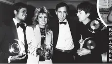  ?? ?? Kim and family in 1964, above, and with Michael Jackson, Pete Townshend and Paul McCartney at the BRIT awards in 1983, left