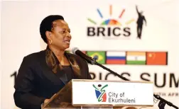  ?? PICTURE: DIRCO NEWS SERVICE ?? HOT TOPIC: Deputy Minister Regina Mhaule delivers the keynote address at the BRICS Business Stakeholde­rs Engagement event.