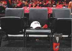  ?? AFP ?? A hat and rose are displayed on the seat where former Portland Trail Blazers owner Paul Allen regularly sat, prior to their game against Los Angeles Lakers on Thursday in Portland, Oregon.