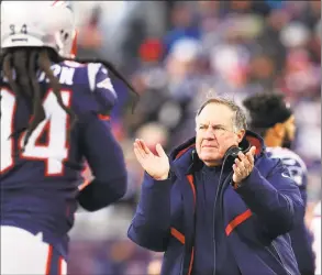  ?? Maddie Meyer / Getty Images ?? Patriots coach Bill Belichick reacts during the fourth quarter against the Chargers in Sunday’s game in Foxborough, Mass.