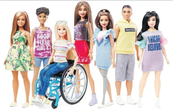  ?? MATTEL ?? The 2019 lineup of Barbie Fashionist­as dolls includes a more diverse range of body types, as well as a dolls in wheelchair­s and a doll with a prosthetic limb