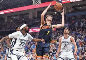  ?? ALONZO ADAMS/USA TODAY SPORTS ?? Thunder forward Chet Holmgren reaches for a rebound on a play against the Grizzlies during the second quarter on Sunday at Paycom Center in Oklahoma.