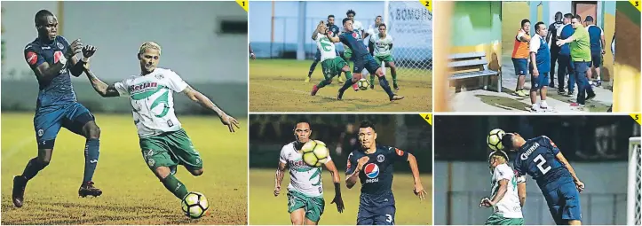  ??  ?? (1) Rubilio lucha contra Will Barahona. (2) Santos intenta acomodarse para habilitar a su compañero. (3) El cuerpo técnico escoltando a Rubilio a los camerinos. (4) Kevin López corre tras el balón con La Gata Ramírez. (5) Despeje de cabeza de Pablo Montes ante el acoso de Barahona. 2 3 4 5 1