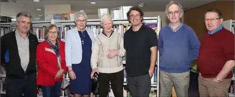  ??  ?? Seamus Kelly, Dorothy Warren, Sr Madeline Ryan, Sean Kelly, Michael Fortune, Ned Nolan (librarian) and Dinny Hanlon at the May Bush Festival talk by Michael Fortune in Bunclody Library.