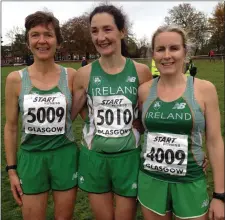  ??  ?? Niamh O’Sullivan, Sharon Cahill and Maria McCarthy who were part of the Ireland teams that won bronze medals at the British and Irish Masters Cross Country Championsh­ips.