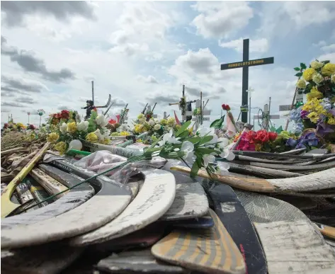  ?? LIAM RICHARDS ?? The father of one of the Humboldt bus-crash victims says the informal memorial at the crash site is “on hallowed ground.”