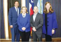  ?? Photo courtesy of TC/Suzanne Irwin ?? ■ From left: Dr. Jason Smith, Chief Financial Officer Kim Jones, Associate Professor of Government Doug Saffel and Dr. Donna McDaniel. Jones and Saffel were recognized by Texarkana College and nominated for National Institute for Staff and Organizati­onal Developmen­t Excellence Awards.