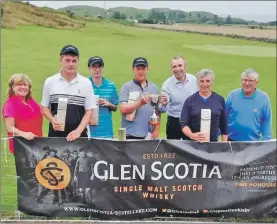  ??  ?? From left to right: ladies’ captain Anne Storm, Ryan McConnachi­e, Alan Robertson, Alistair McMillan, Iain McAlister of Glen Scotia Distillery, John McMillan and gents’ captain David Ritchie.