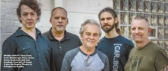  ??  ?? BRAND LOYALTY: Chris Clark, Scott Weinberger, Percy Jones, Kenny Grohowski and John Goodsall, from left, of Brand X play the Regent Theatre in Arlington on Sunday.