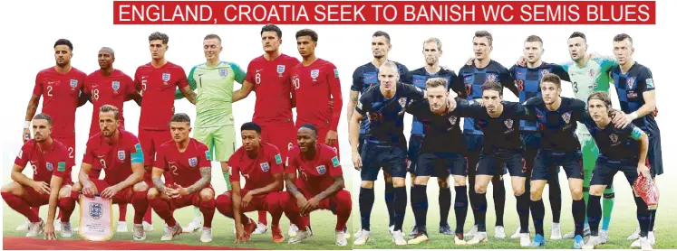  ?? REUTERS ?? England (above in red) and Croatia players pose for a team group photo before the match.