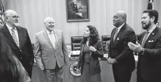  ?? Brett Coomer / Staff file photo ?? Harris County Commission­ers Jack Cagle, left, Tom Ramsey, Judge Lina Hidalgo, Rodney Ellis and Adrian Garcia reach a rare milestone this week — compromise.