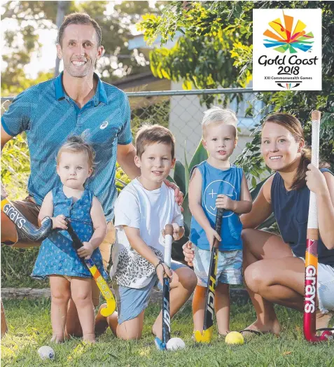  ?? Picture: AAP IMAGE/JOSH WONING ?? Australian hockey team captain Mark Knowles with his children Frankie, Luca and Flynn and wife Kelly.