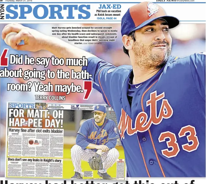  ?? USA TODAY SPORTS ?? Matt Harvey gets knocked around for second straight spring outing Wednesday, then declines to speak to media one day after his health scare and subsequent comments about bladder function result in steady stream of headlines that anger Mets’...