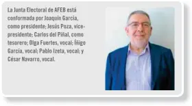  ??  ?? La Junta Electoral de AFEB está conformada por Joaquín García, como presidente; Jesús Poza, vicepresid­ente; Carlos del Piñal, como tesorero; Olga Fuertes, vocal; Íñigo García, vocal; Pablo Izeta, vocal; y César Navarro, vocal.